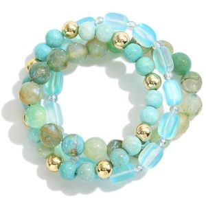 New set of three stone beaded stretch bracelets
